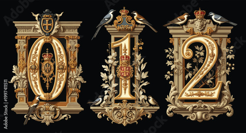 Ornate decorative numbers 0 1 2 with gold crest motifs and birds
