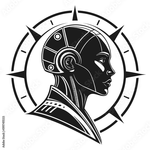Cyberpunk robot human hybrid profile with futuristic visor and circuit board design