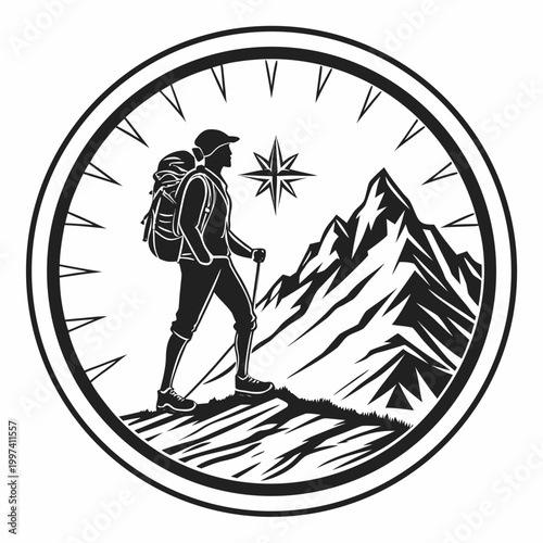 Hiker with Backpack and Compass Silhouette Against Mountain Peaks in Circular Frame