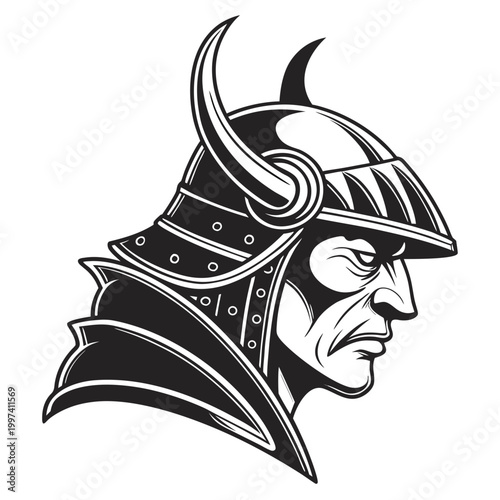 Stylized samurai warrior silhouette with horned helmet in dynamic fighting pose