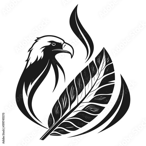 Minimalist tribal eagle head with tropical leaves vector illustration design