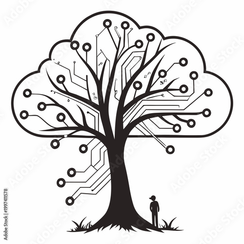 Cloud Tree with circuit board branches and small silhouette of person