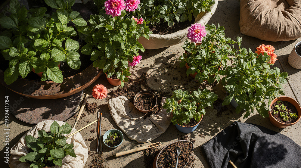 Fototapeta premium Indoor gardening top view of lush potted plants arranged on table creating vibrant home garden composition