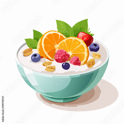 Joghurt-Bowl mit Früchten, Honig und Granola modern angerichtet