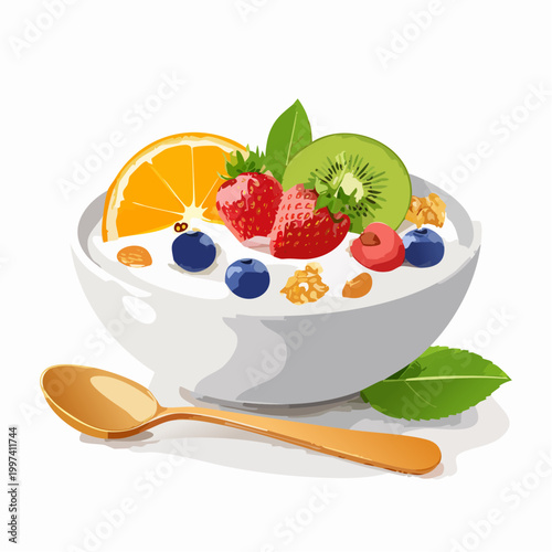 Joghurt-Bowl mit Früchten, Honig und Granola modern angerichtet