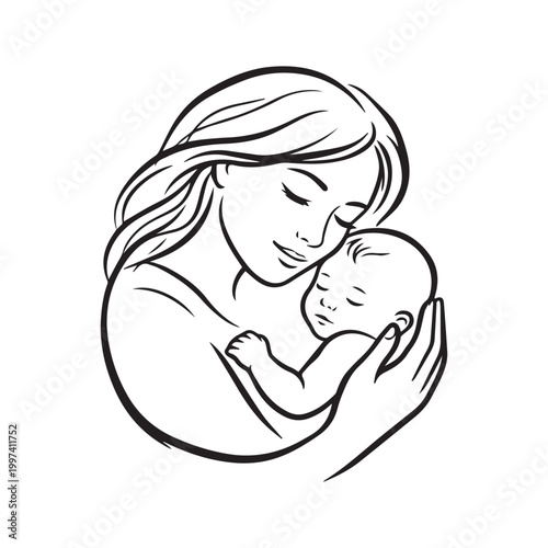 Black and white line drawing of adult cradling baby in protective embrace symbolizing tenderness love care and nurturing family bond