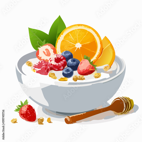 Joghurt-Bowl mit Früchten, Honig und Granola modern angerichtet