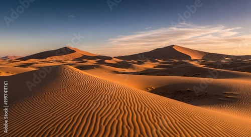 Desert landscape with sand dunes and mountains under a clear sky with a few clouds.