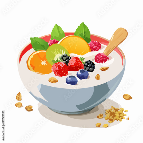 Joghurt-Bowl mit Früchten, Honig und Granola modern angerichtet