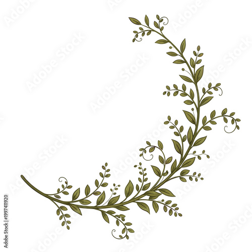 Branch with Green Leaves and Curving Vines
