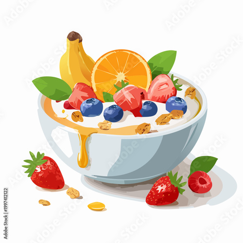 Joghurt-Bowl mit Früchten, Honig und Granola modern angerichtet