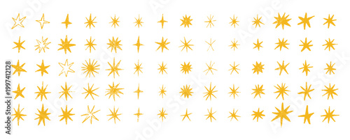 Chalk pencil stars and sparkles doodle set. Crayon Twinkle, blink, firework, glitter silhouette and glowing symbols in sketch style, Hand drawn vector illustration isolated on white background