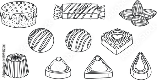 Hand drawn chocolate candy set with truffles pralines sweets and confectionery treats detailed vintage sketch dessert illustration collection