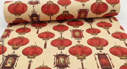 A roll of paper with red lanterns and gold patterns on a beige background, placed on a white surface with a beige border.