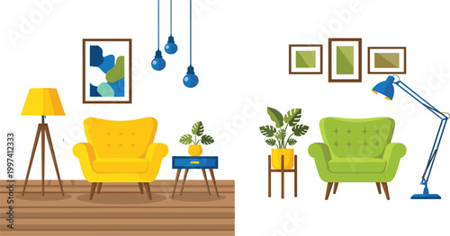 Modern living room interior with colorful armchairs floor lamp plants wall art and stylish home decor vector illustration
