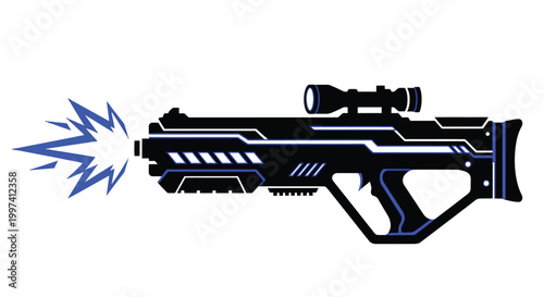 futuristic gun with blue energy blast vector illustration