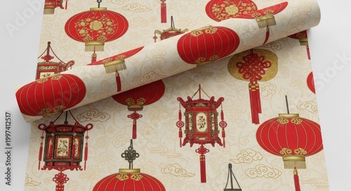 A roll of red and gold Chinese lanterns with intricate patterns on a white background, featuring a variety of shapes and sizes, with a golden border and tassels at the top.