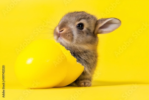 Bunny Sitting in a Broken Yellow Egg on a Bright Yellow Background During Eas...