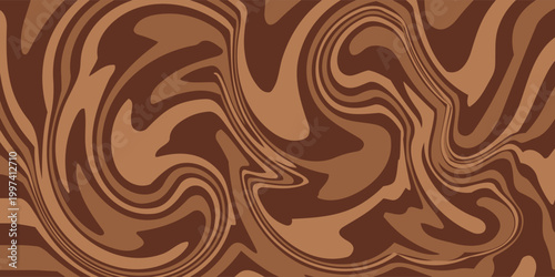 Abstract brown psychedelic waves print background. 1970s trippy seamless pattern. Marble acrylic swirl pattern. Coffee or chocolate liquid texture.
