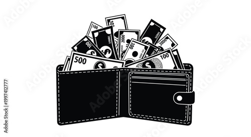 open wallet filled with money bills black and white illustration
