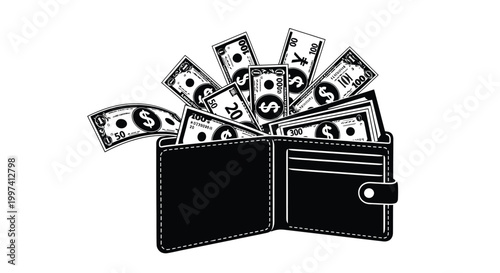 open wallet overflowing with money bills high quality