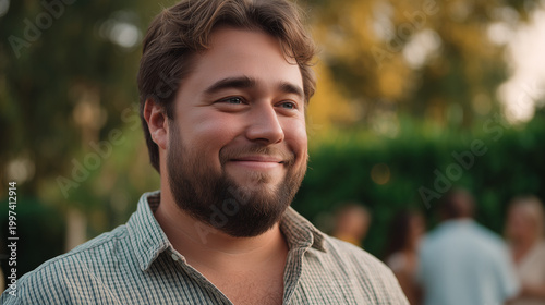 Plus size man at outdoor party photorealistic candid moment