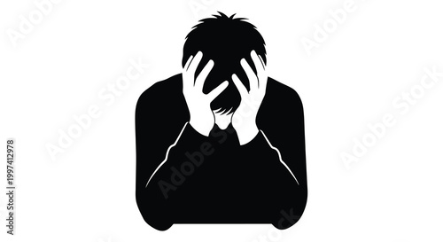 person covering face with hands silhouette on white background
