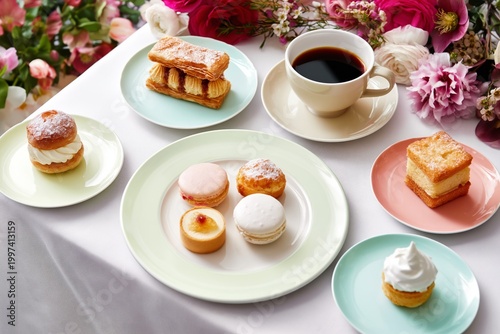 Table Set With Desserts and Coffee During a Spring Gathering With Flowers Around