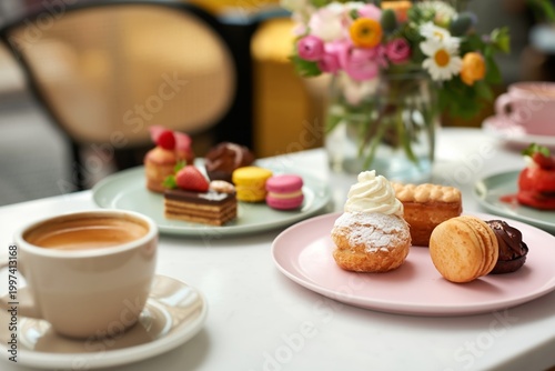 Table Set With Desserts and Coffee During a Spring Gathering With Flowers Around