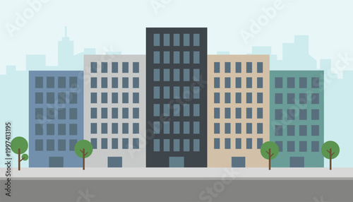 Modern office building exterior and city skyline background vector illustration.