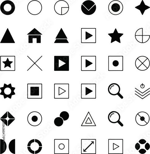 Set of diverse black and white minimalist geometric icons for user interface design and modern web application development projects