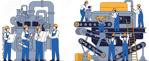 Industrial Workers Operating and Maintaining Machinery in a Factory Environment for Engineering, Manufacturing, and Production Design Projects