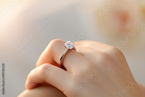A Close View of Hands Wearing an Engagement Ring With a Clear Stone Set on a ...