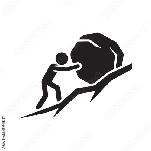 Silhouette icon of a stick figure man pushing a heavy boulder up a hill Sisyphus concept
