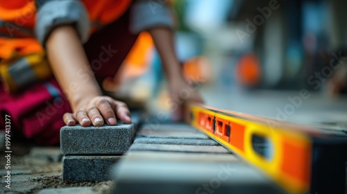 Construction worker uses a level tool to ensure the precision of stone pavers during an outdoor project.