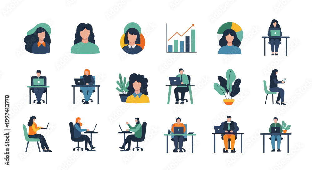 Fototapeta premium Flat Design Business Illustrations: Diverse Workforce, Remote Work, Office Collaboration, User Avatars & Analytics