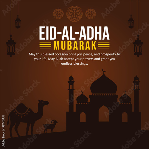 Eid al-adha mubarak text with mosque silhouette, camel and sheep on brown background