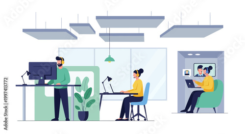 Business Team Working in Modern Office: Customer Support, Remote Work & Online Meetings Illustration