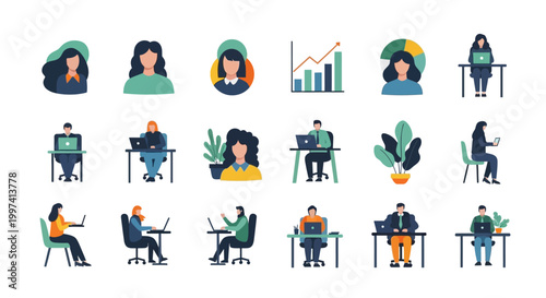 Flat Design Business Illustrations: Diverse Workforce, Remote Work, Office Collaboration, User Avatars & Analytics