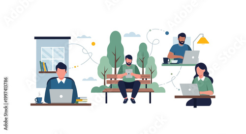 Remote Work and Global Connectivity: Diverse Professionals Collaborating from Home, Park, and Various Locations with Digital Devices