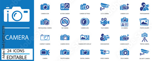 CAMERA PHOTOGRAPHY CCTV SECURITY TECHNOLOGY VECTOR ICON SET featuring VIDEO, DIGITAL,CCTV, Digital, DEVICE, LENS, DSLR, ACTION, MOVIE, FILM, CLICK, GALLERY, TRIPOD, SETTINGS, symbols.
