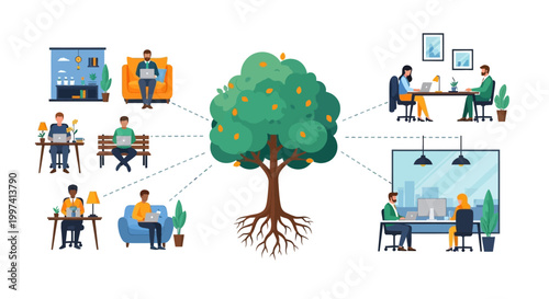 Remote Work Network: Distributed Teams Connecting to a Central System, Illustrating Flexible Work, Digital Collaboration, and Business Growth