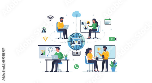 Global Remote Work, Online Collaboration, and Virtual Team Connectivity. Digital Communication Network for Modern Business.