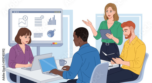 Diverse Business Team Collaboration in Modern Office Meeting. Professionals Analyze Data, Discuss Strategy, and Manage Projects with Digital Presentation.