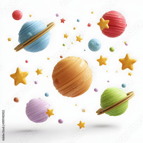 Colorful 3D Cartoon Planets and Stars Floating in Space Isolated