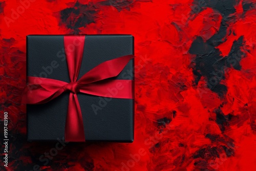Gift Box on a Red and Black Background With Ribbon Tied Neatly at the Top