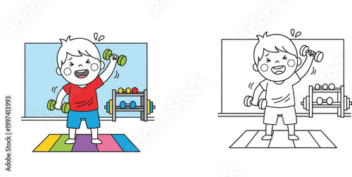 Cute Boy Lifting Dumbbells at Gym Illustration and Coloring Book Page, Children Fitness and Weight Training Exercise Vector Set, Healthy Lifestyle Activity for Kids Graphic