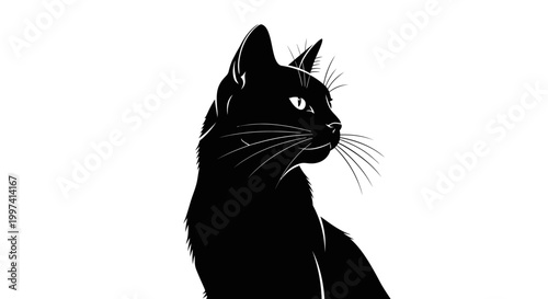 Focused Black Cat Head Silhouette Looking Right on Isolated White Background