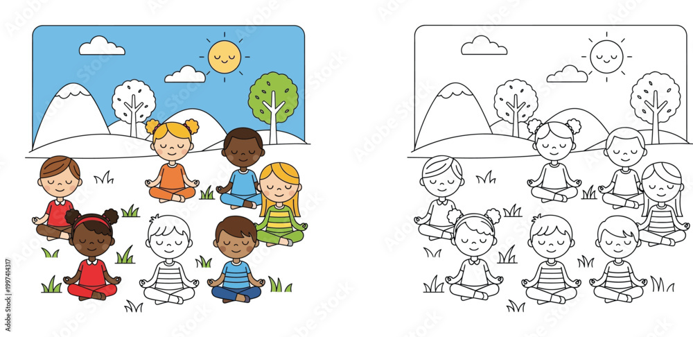 Fototapeta premium Diverse Group of Kids Meditating and Doing Yoga in Nature Park Illustration with Black and White Line Art Version for Coloring Book, Children Mindfulness and Wellness Vector Scene