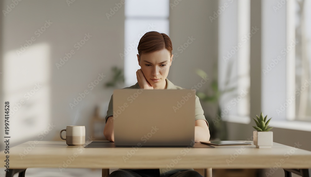 Fototapeta premium Focused Woman Remote Working on Laptop at Minimalist Desk in Sunlit Home Office with Copy Space